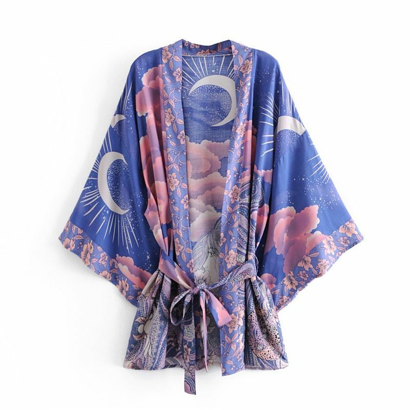 Pink Purple Floral Moon Sky Cloud Print Boho Short Kimono Batwing Sleeve Robe