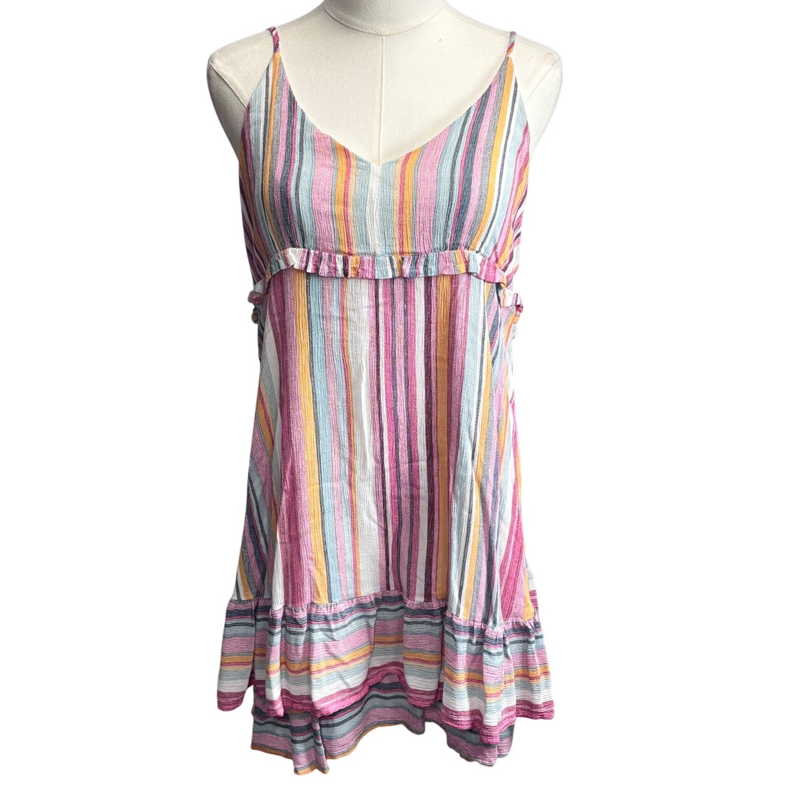 Umgee Mini Dress Multicolor Striped Ruffle Boho Coastal Beach Preppy Size M