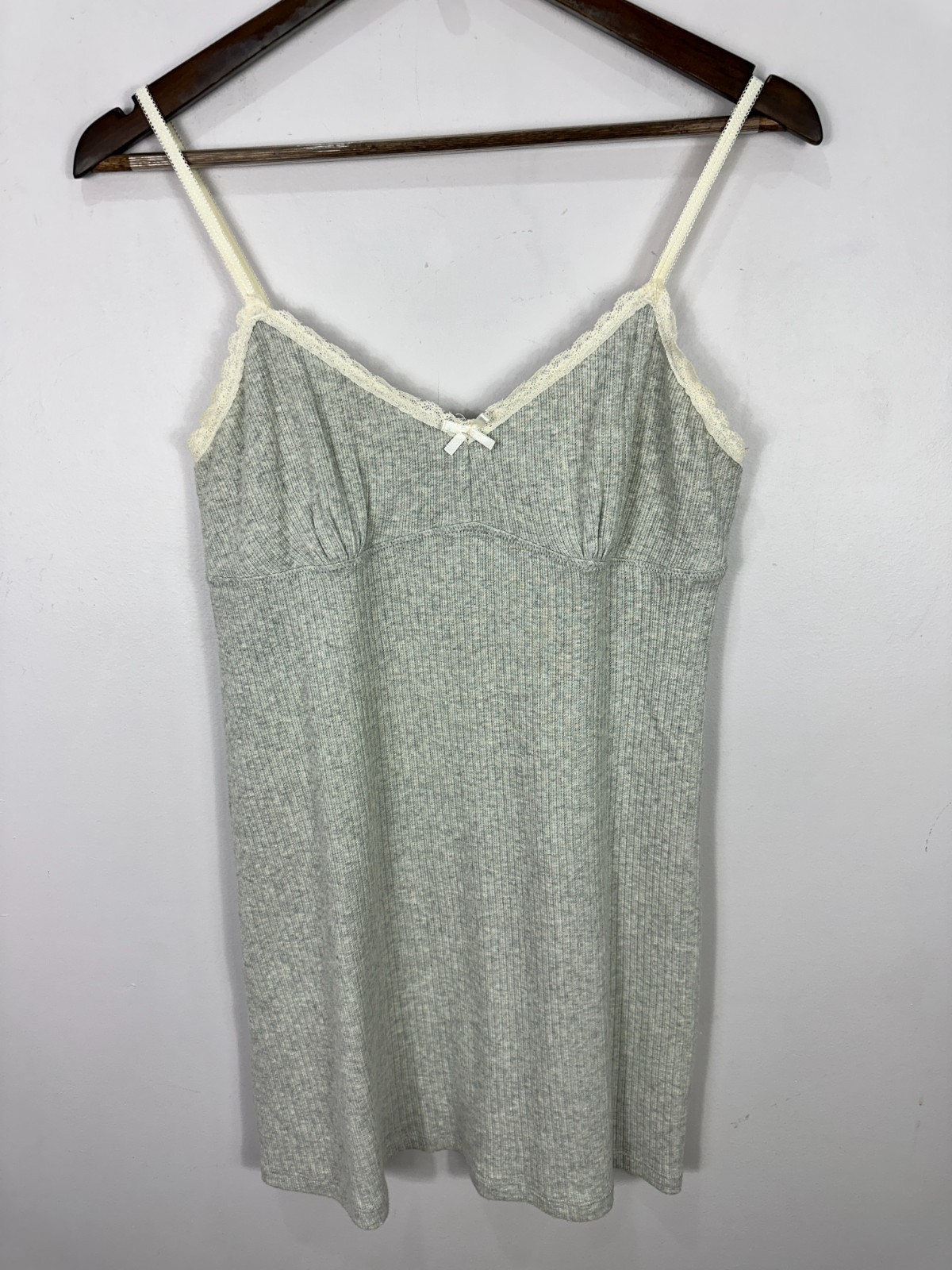Forever 21 Gray Babydoll Ribbed Lace Trim Slip Dress Mini Y2K Spaghetti Strap XL