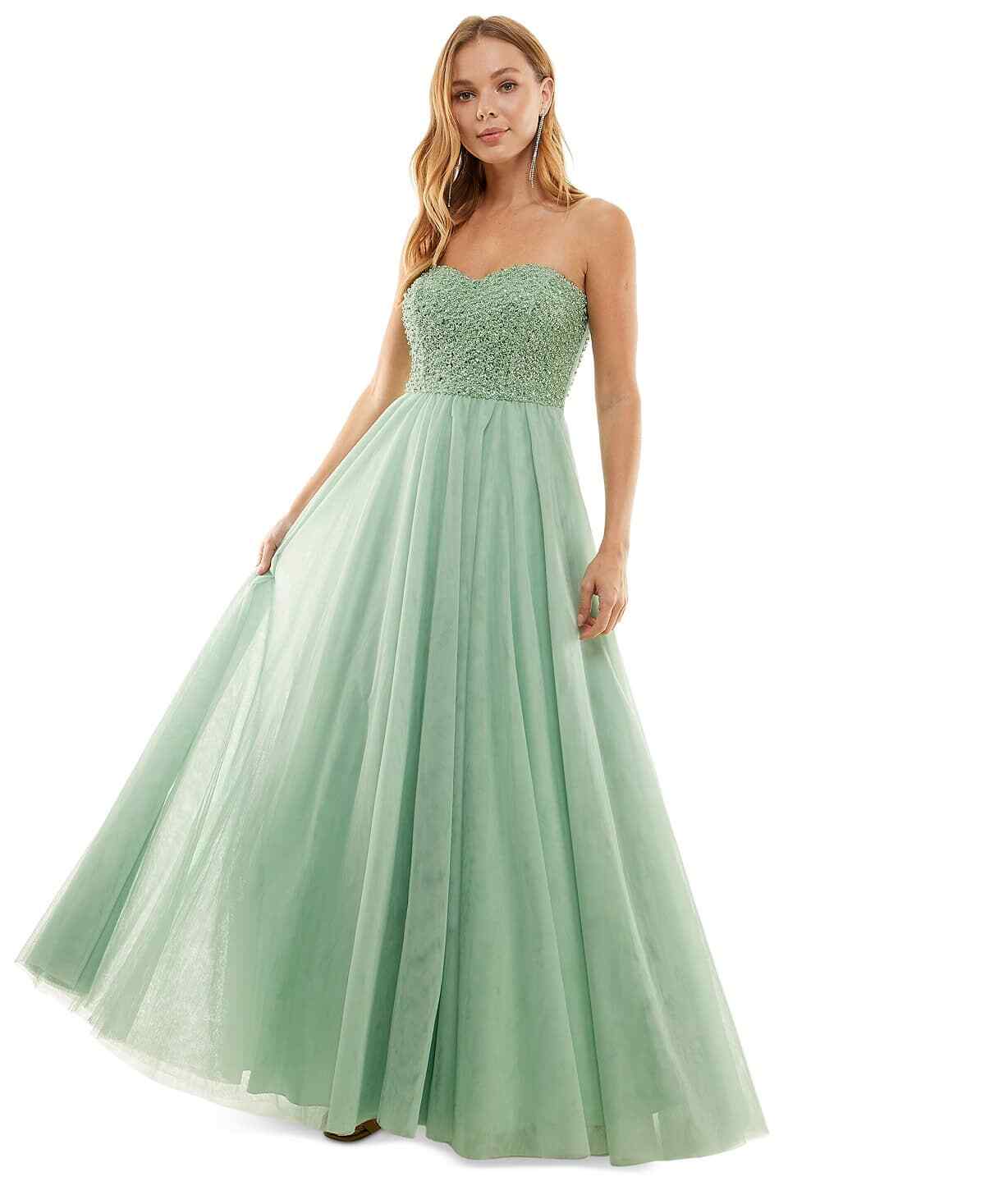 Say Yes to the Prom Juniors Green Pearl Embellished Strapless A-Line Dress – …