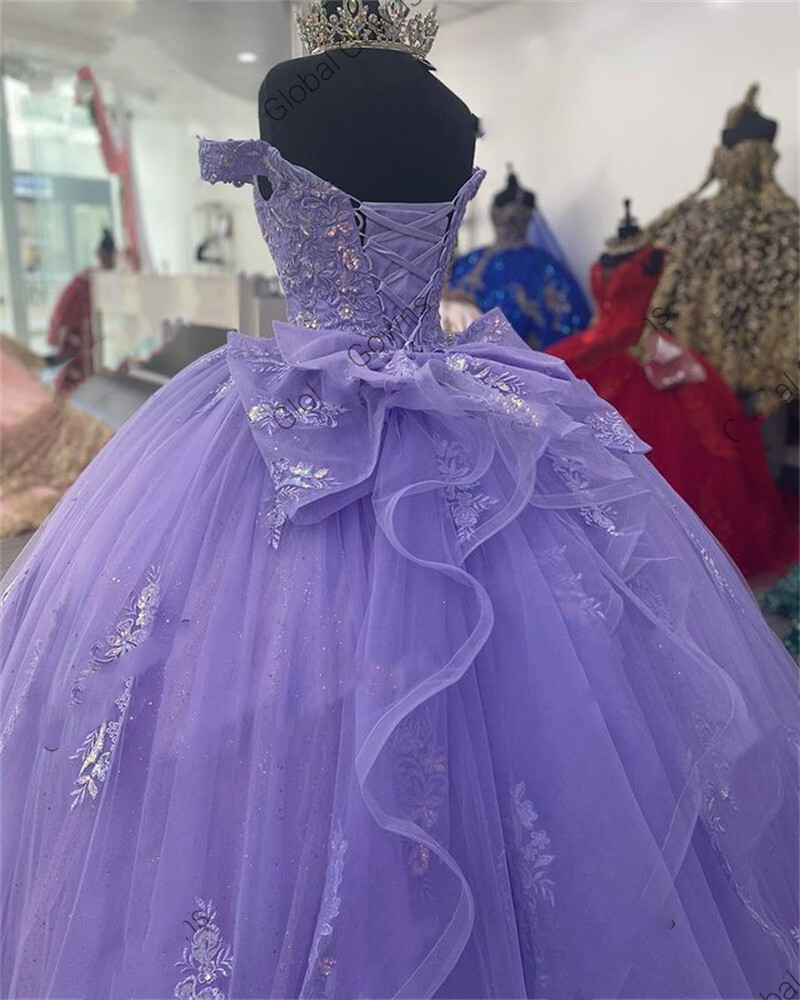 Purple Off Shoulder Lace Sweetheart Quinceanera Ball Gown Sweet 16 Dress