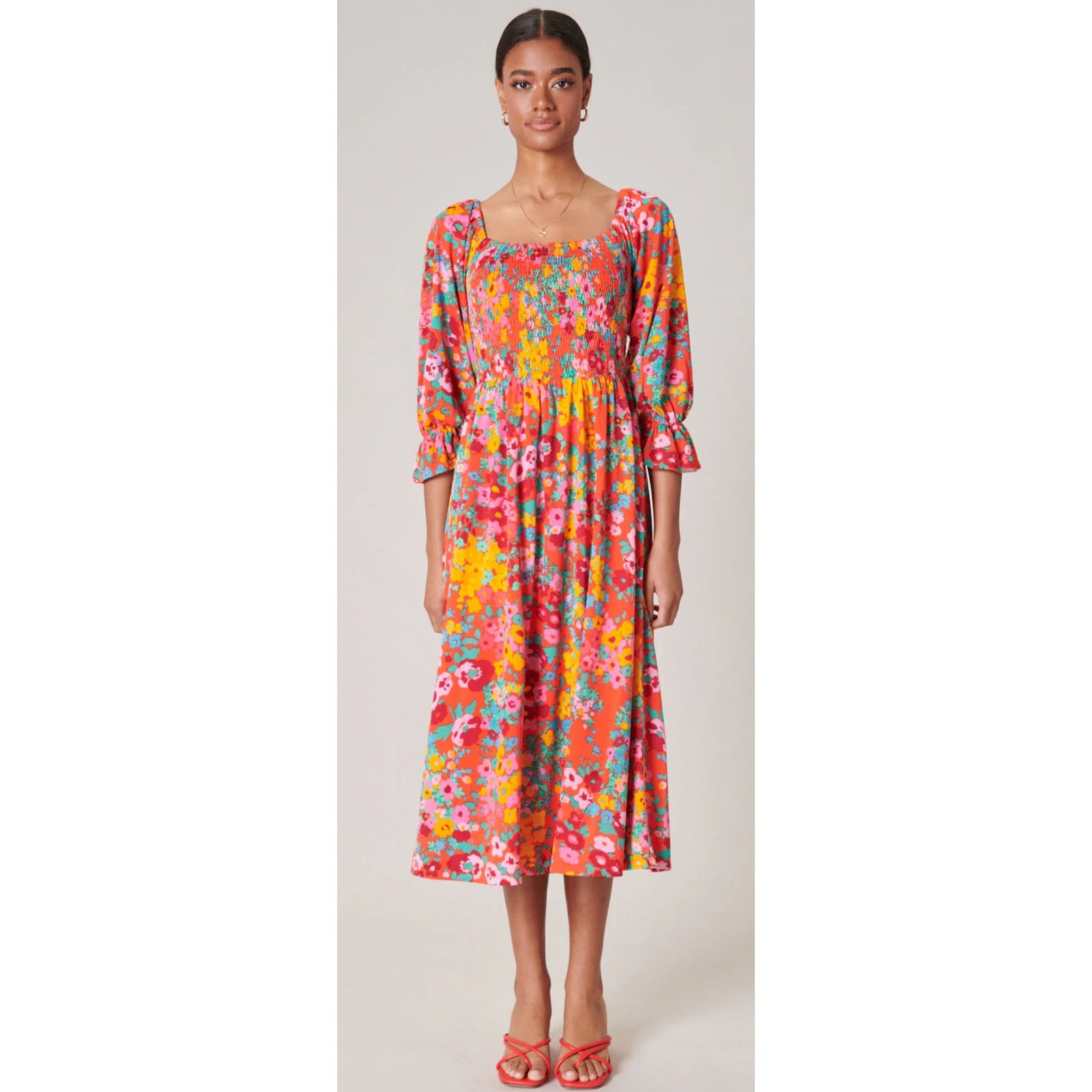 Sugar Lips Francesca Vibrant Wildflower Denni Smocked Midi Dress Size Small