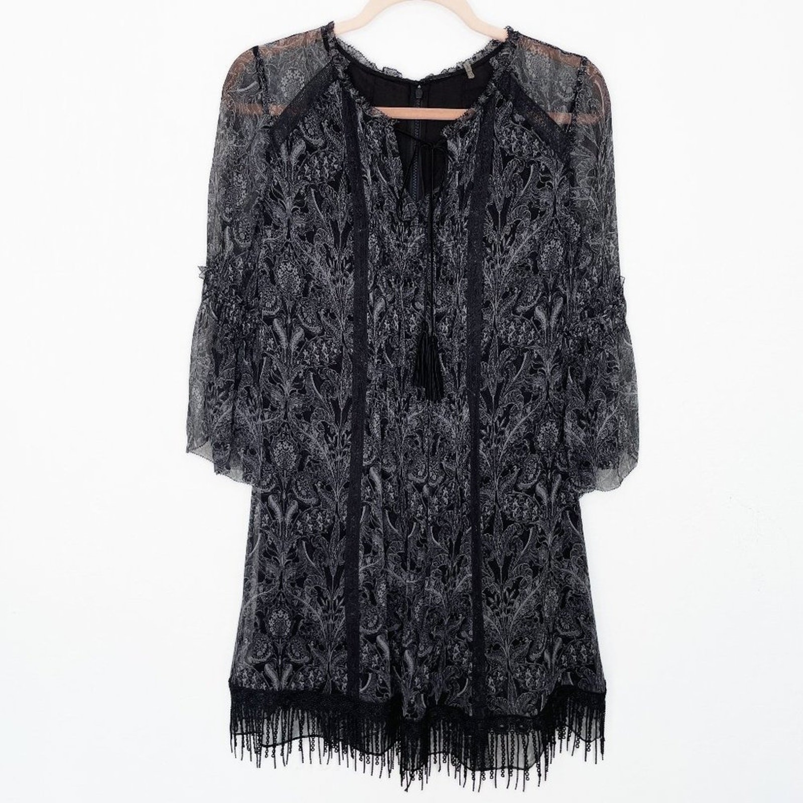 Elie Tahari Gothic Paisley Floral Long Bell Sleeve Silk Fringe Mini Dress 6