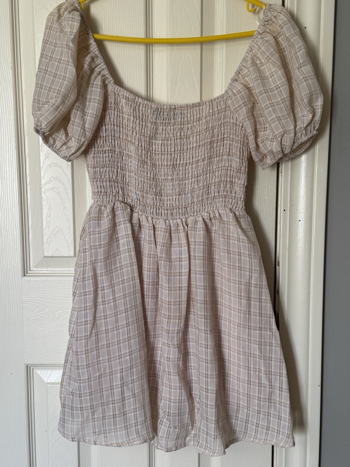 Blue Blush Beige White Plaid Puff Sleeve Smocked Short Sundress Sweetheart S