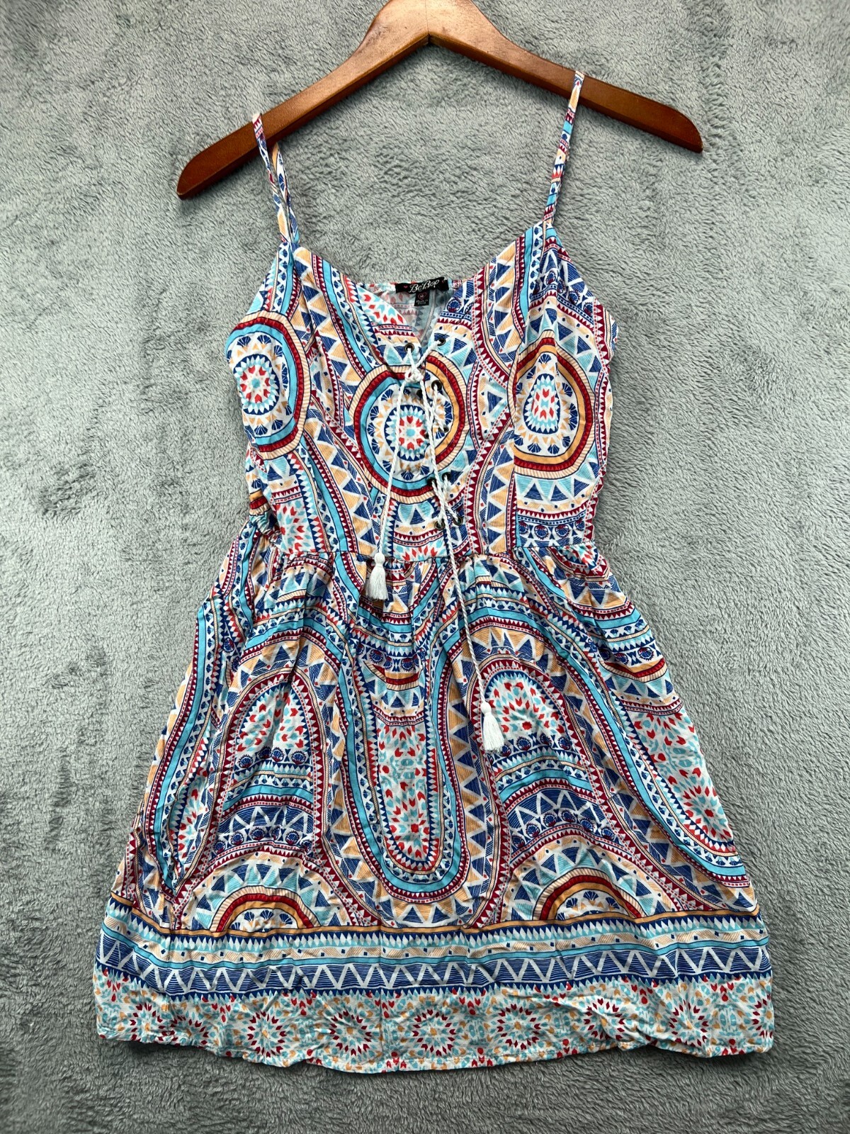 BeBop Boho Slip Dress Juniors Medium Blue Medallion Sleeveless A Line Casual