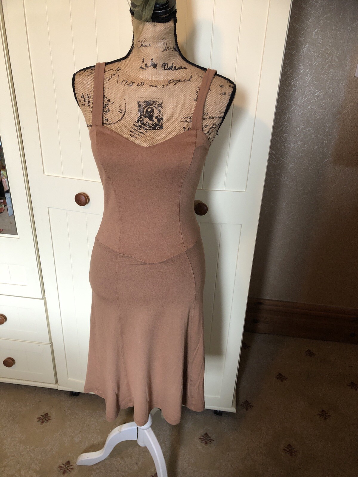 CASTRO Israel Ladies Fit & Flare Dress Size 8/10 Mocha Brown Strappy Sleeveless