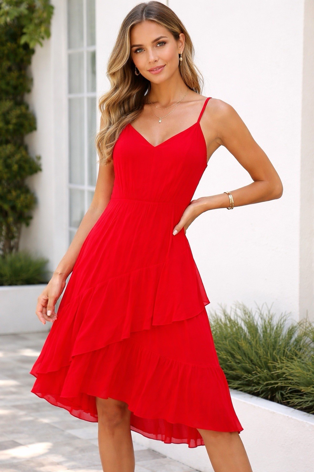 H&M Red Chiffon Midi Dress US 6 Spaghetti Strap Layered Flowy New