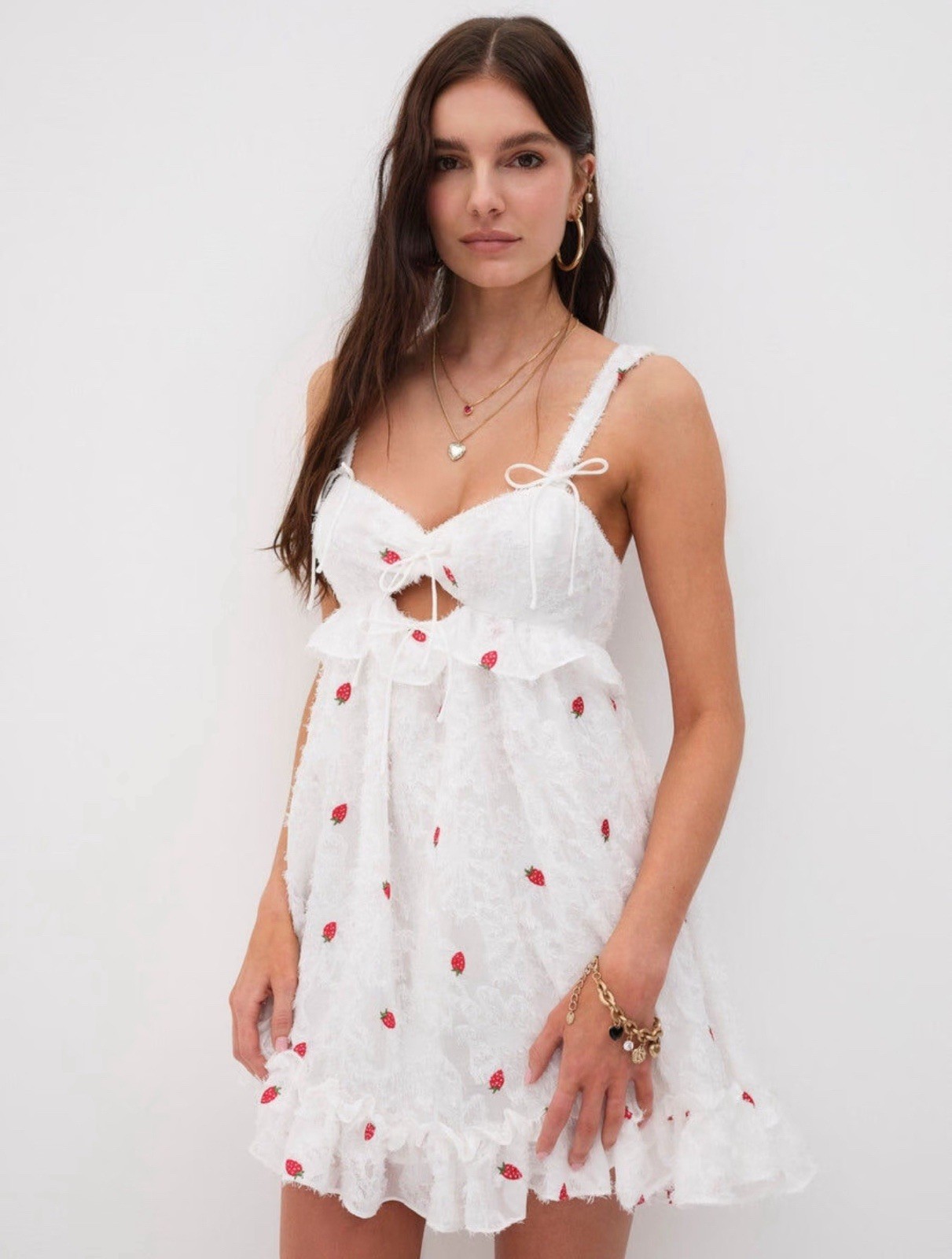 For Love & Lemons Womans Dress White Fuzzy Strawberries Ruffled Size XS