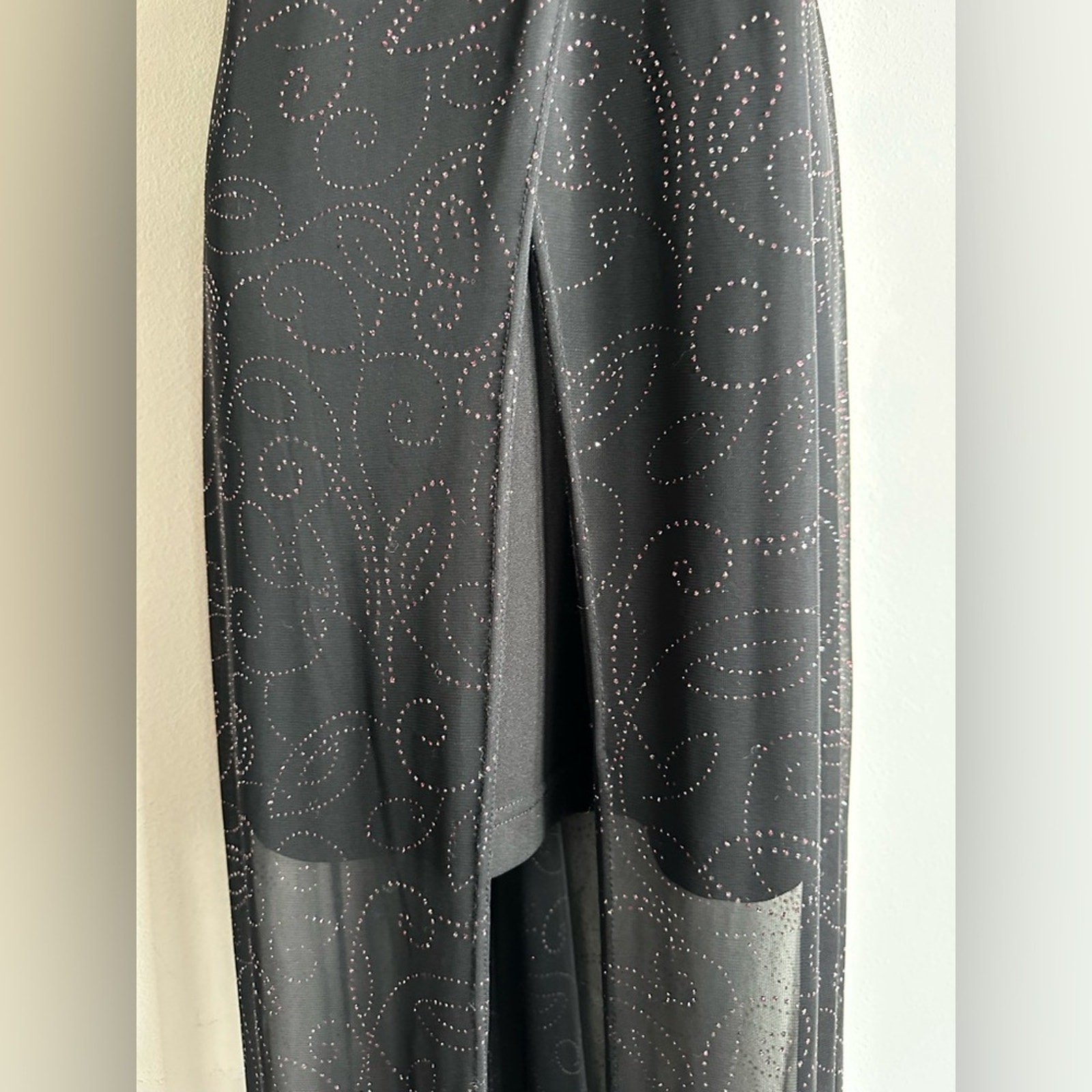 Vintage Y2K Sheer Black Glitter Maxi Dress | Mesh Overlay Slip Dress Sparkle L