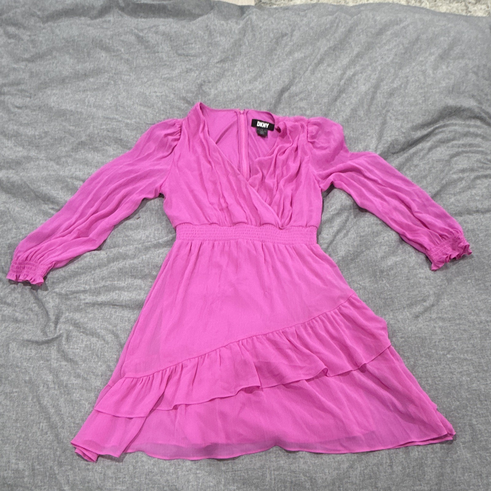 DKNY Pink Chiffon V-Neck Puff Long Sleeve Smocked Ruffle Knee Dress XL