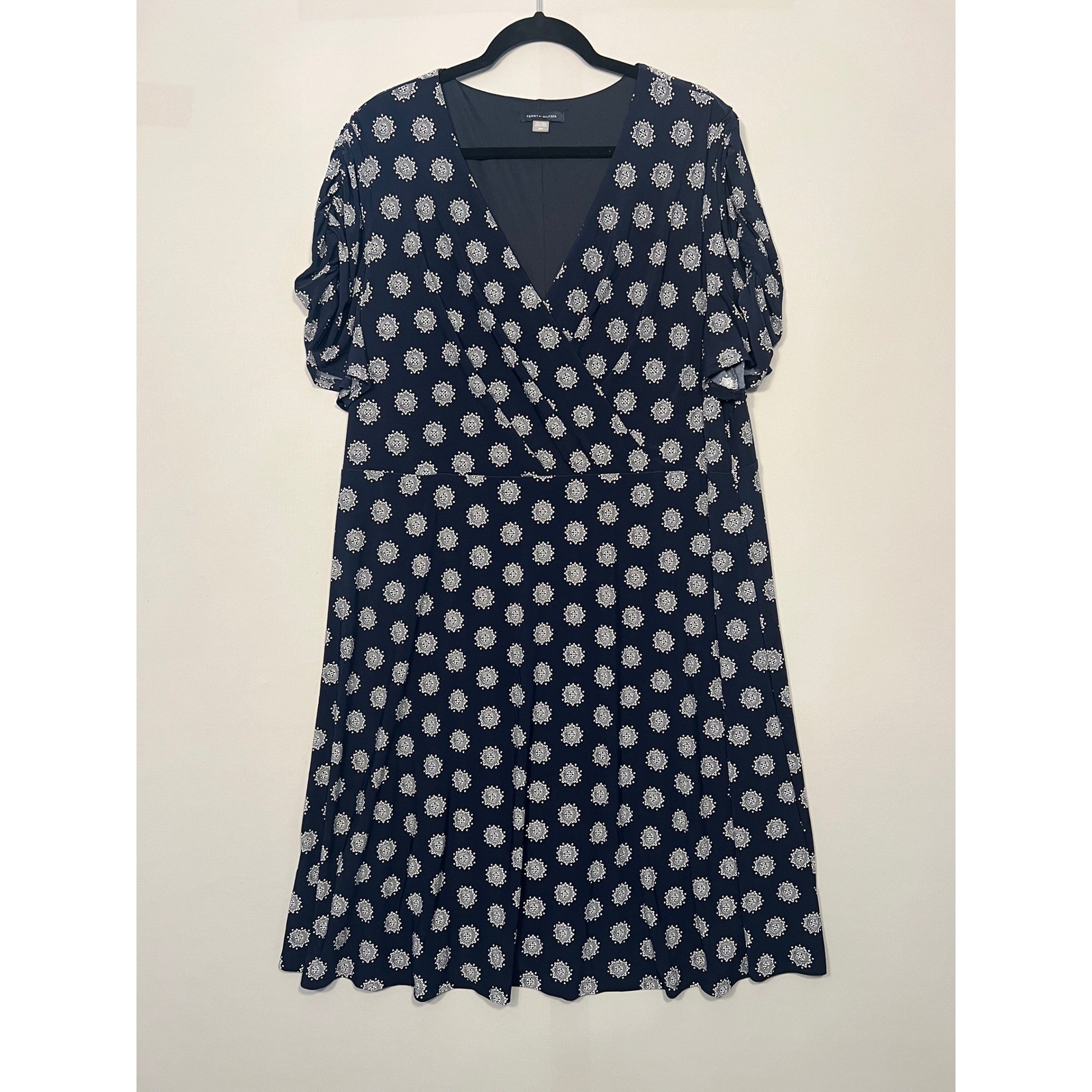 Tommy Hilfiger Womens 22W Navy Blue Medallion Print Faux Wrap A-Line Dress