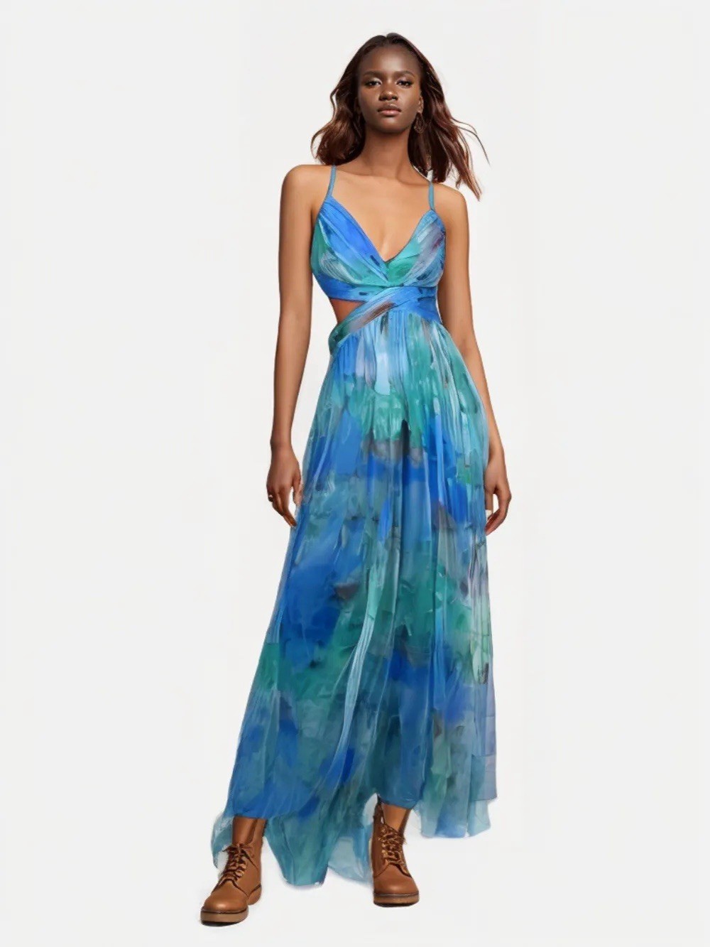 Watercolor Chiffon Maxi Dress Flowy Boho Evening Dress Prom Wedding Guest Dress/