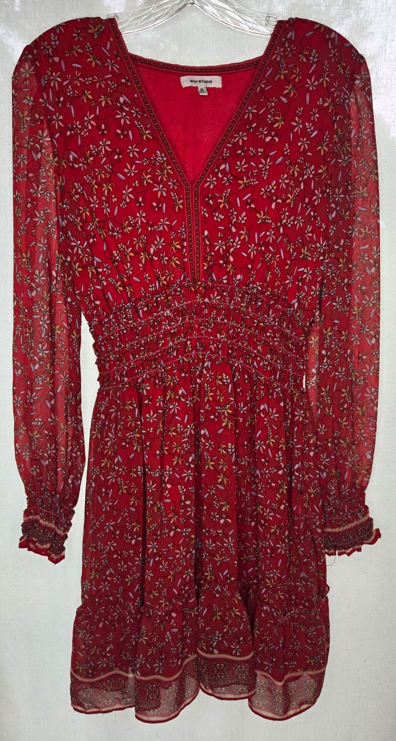 Max Studio Red Floral Chiffon V-Neck Smocked Ruffle Long Sleeve Mini Dress M