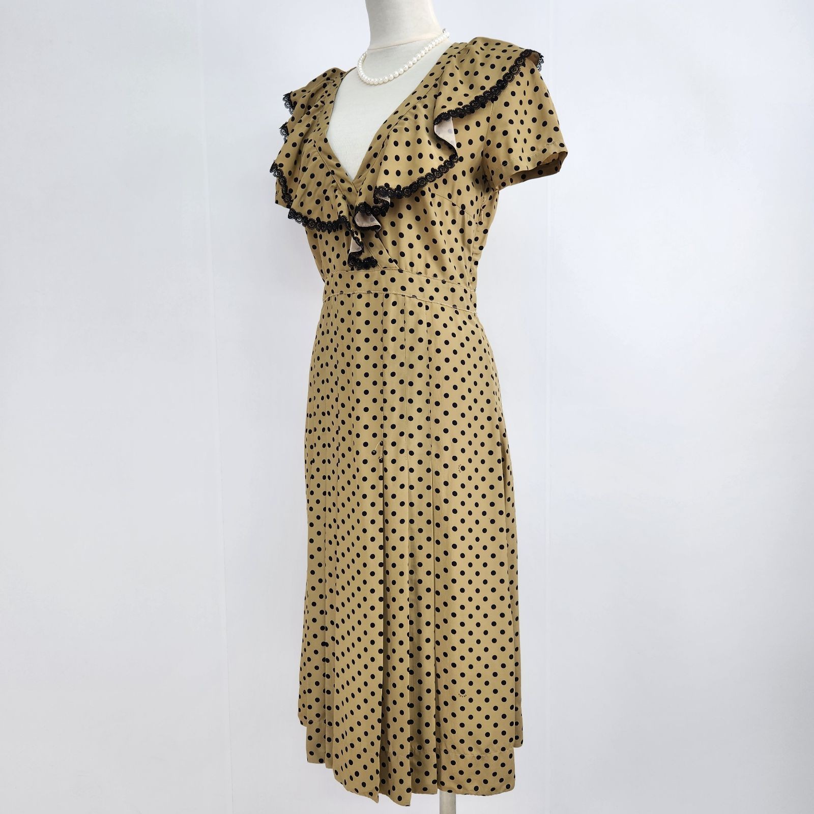 PRADA Long Dress Flared Retro Dot Pattern Frill Collar Size 40 L
