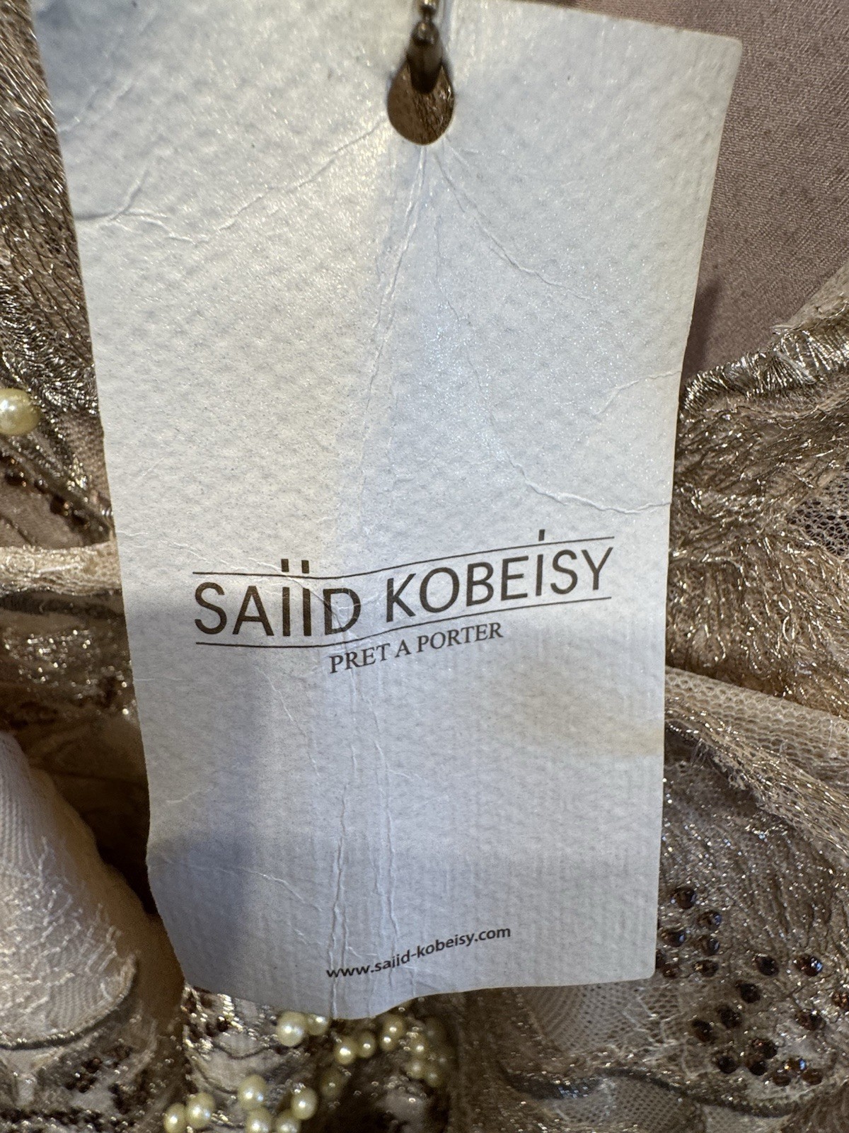 Saiid Kobeisy Gold Ivory Pearl Beaded Lace Peplum Evening Gown Size 46 US 14
