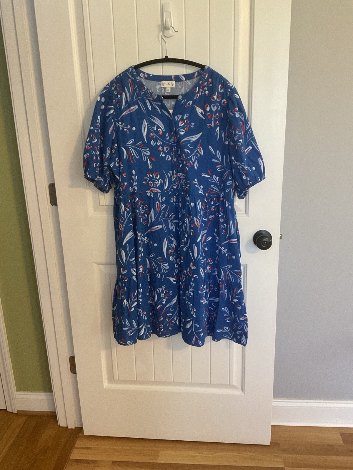 Wonderly Blue Floral A-Line Dress L Puff Short Sleeve Button Front Pockets