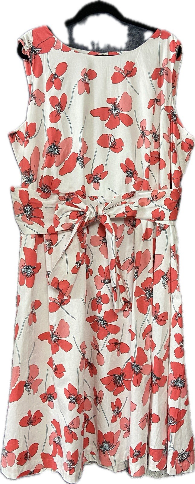 Anne Klein Womens Dress 3X White Red Floral Cotton Midi Belted Party Summer