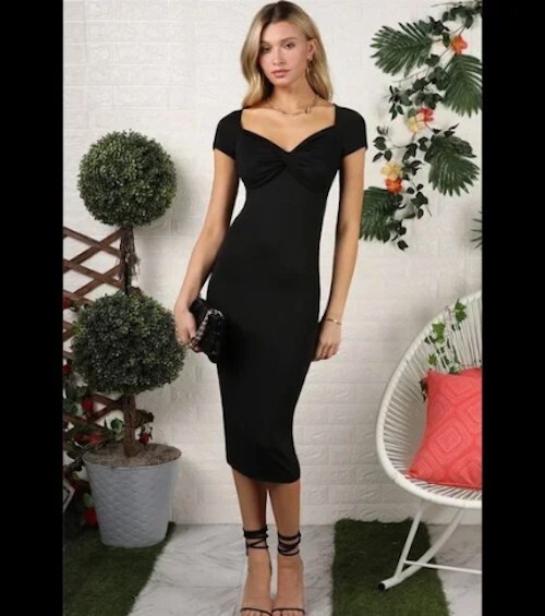 New Second Skin Black Diamond Twisted Front Midi Dress Sz Small, Medium or Large