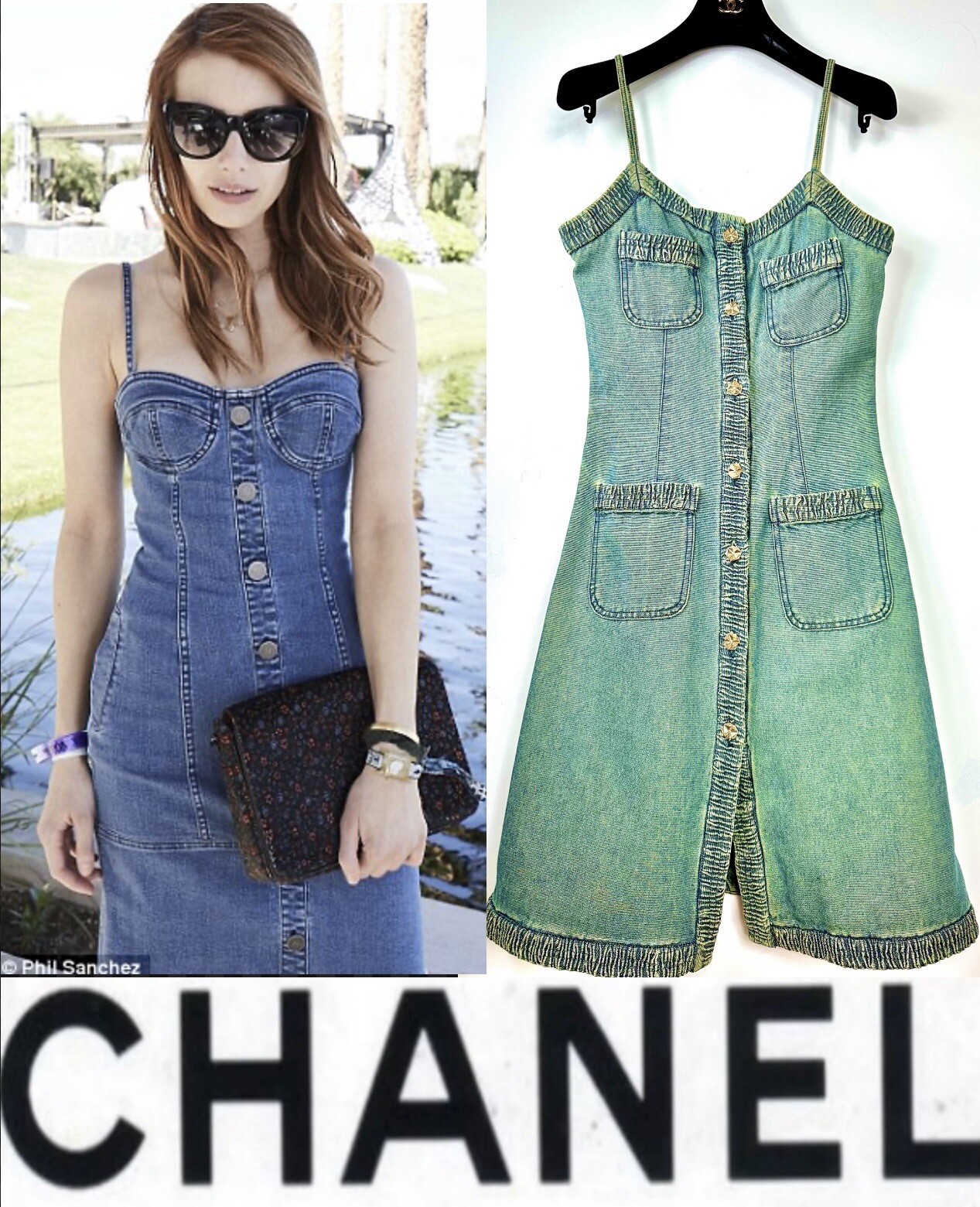 Chanel Vintage 2001 Barbie Blue Denim Midi Dress 36 38 4 6 Vtg Logo Button S M