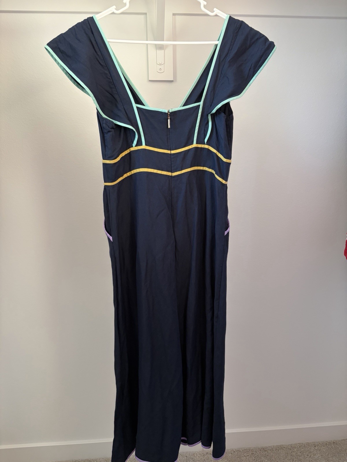 kate spade new york Silk Linen Contrast Trim V-Neck Flutter Midi Dress 6 Navy