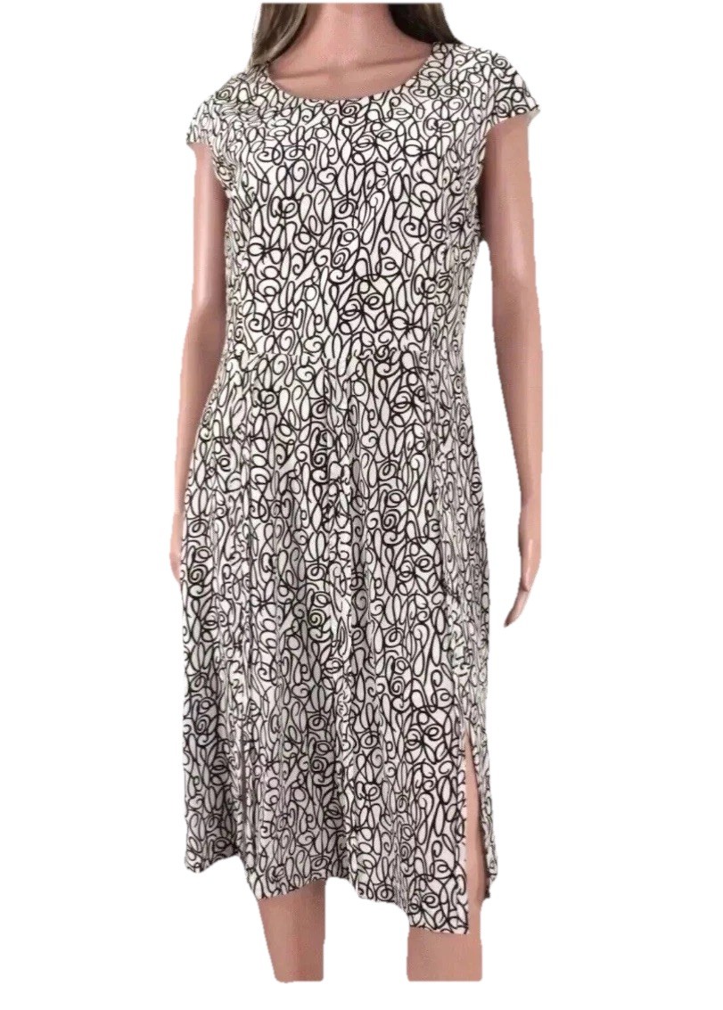 Anne Klein Silk Dress size 8 Cap Sleeve Split Hem Scroll Script Print NWT