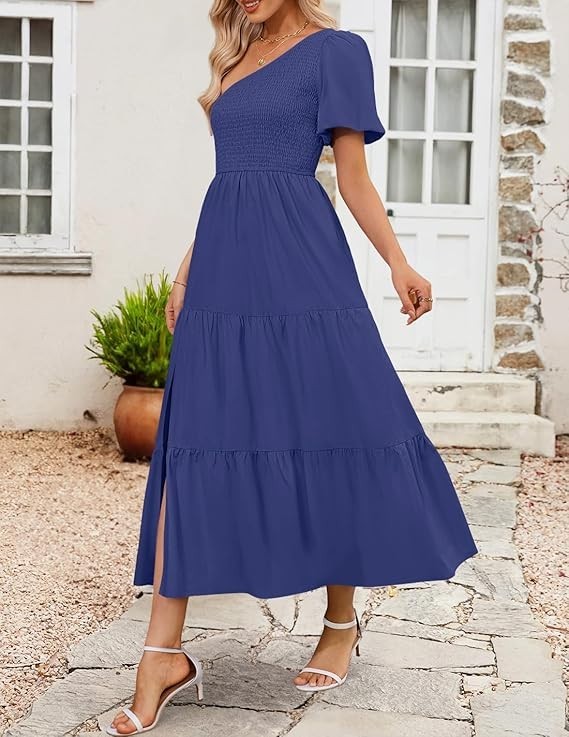 ZESICA Dress Size {Med} Boho/ One Shoulder/ Short Sleeve/ Side Split/ Ruffle