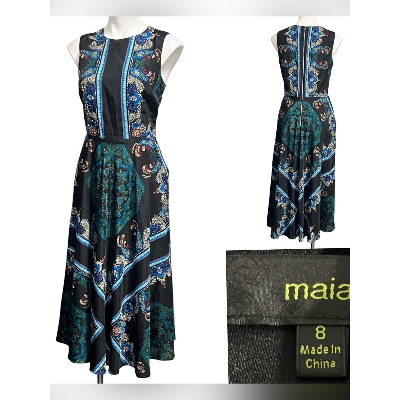 Maia midi dress sz 8 Sleeveless Black multicolor Paisley A-line satin office