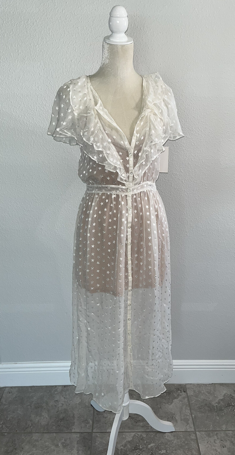 FOR LOVE AND LEMONS Firecracker Button Ruffle Midi Dress Cream Sheer Star S New