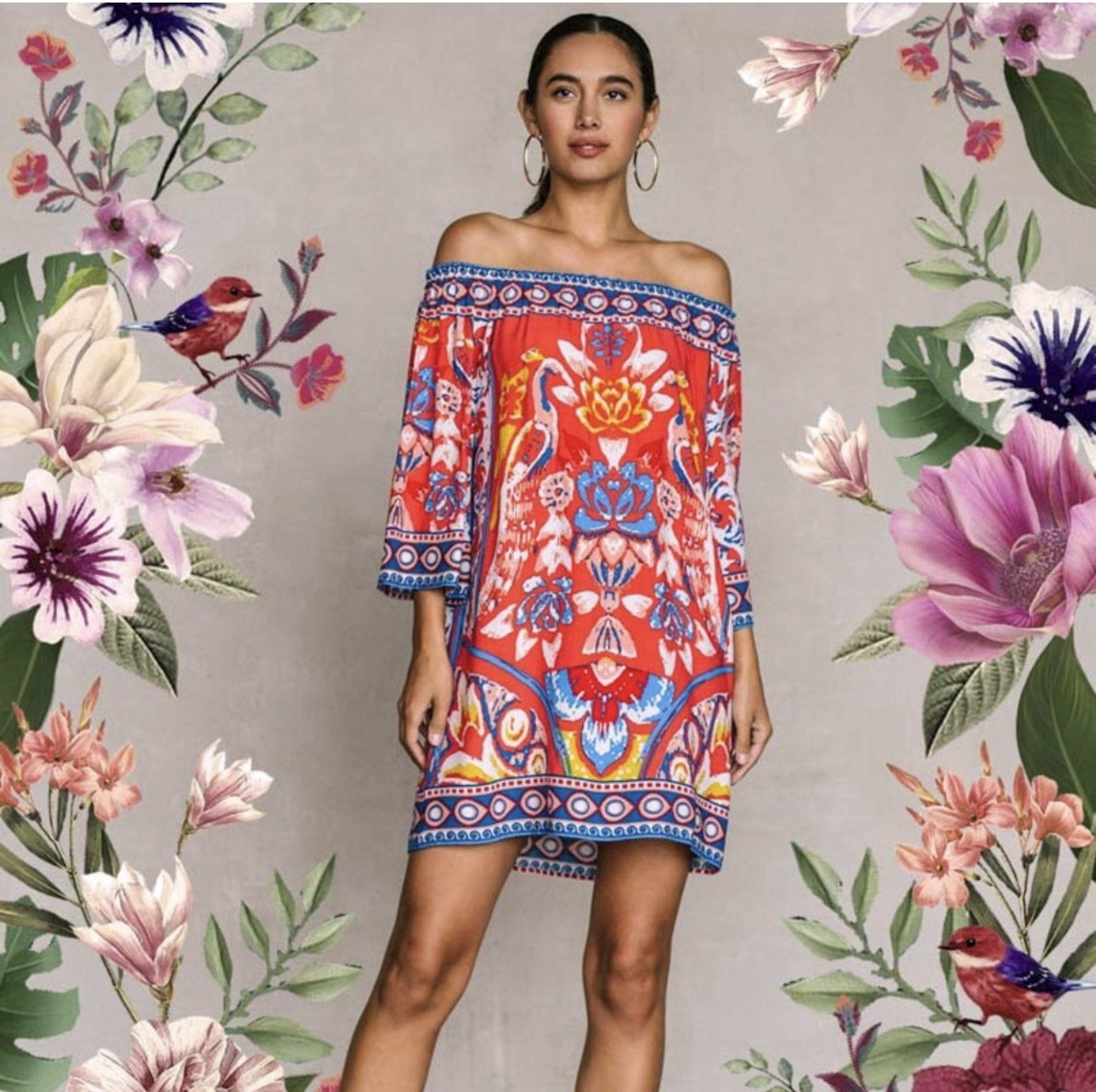 Premarket by Flying Tomato Boho Off The Shoulder Dress Red Bird Print Size L