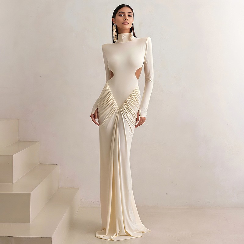 Women’s Long Sleeve Cut Out Maxi Dress Ruched Bodycon Evening Gown S – XL