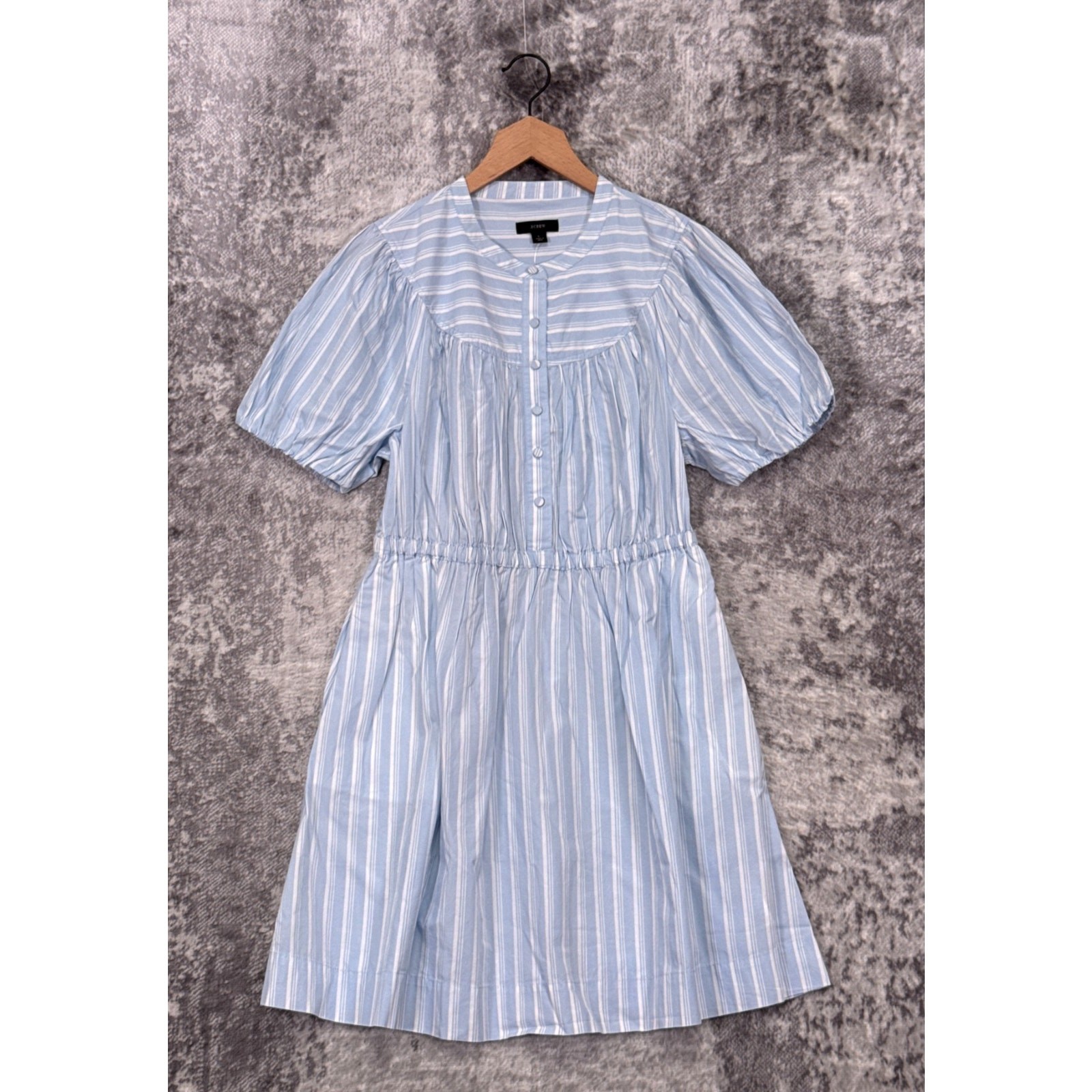 New J Crew Dress Large Womens Blue Striped Poplin Puff Sleeve Mini