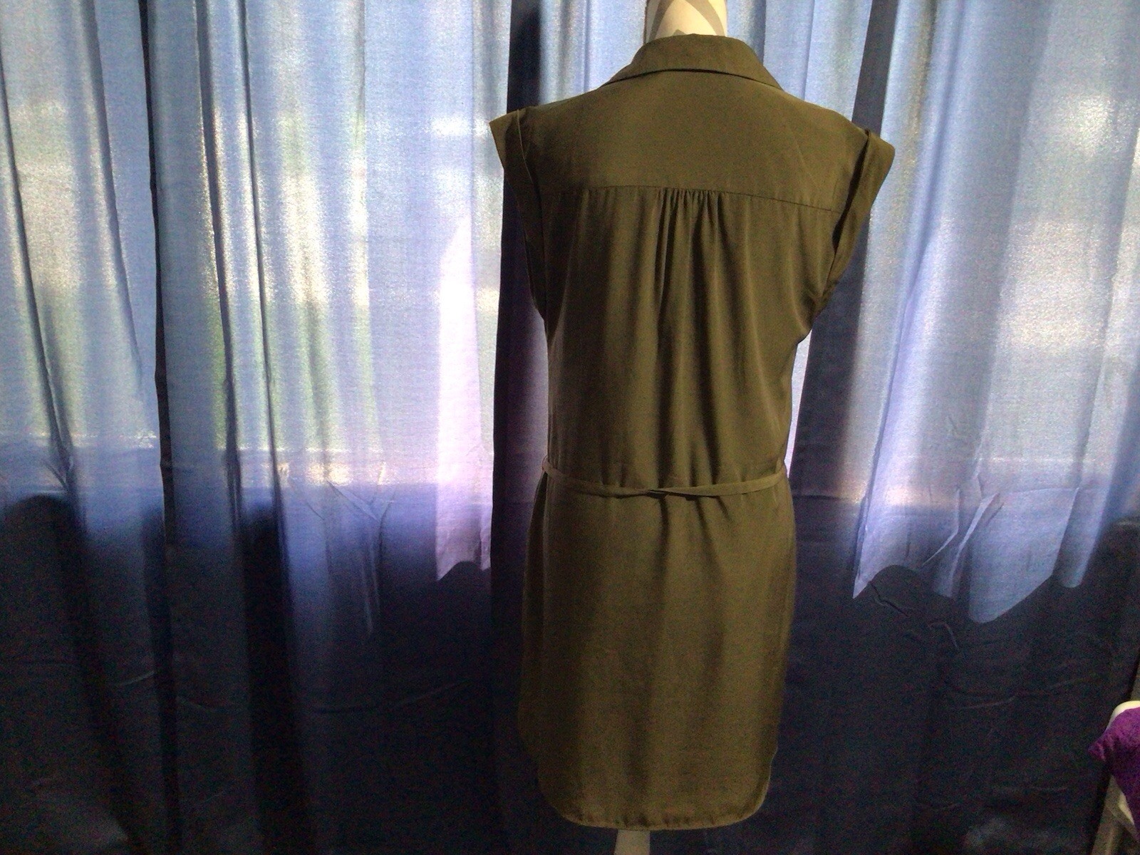 Express Olive Sleeveless Button Front Zip Pockets Belted Lined Short Dress M