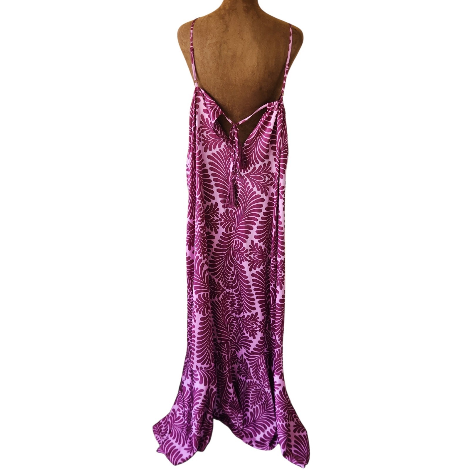 Venus Purple Pink Abstract Leaf Print Maxi Dress XL Sleeveless Tassels Tie Back