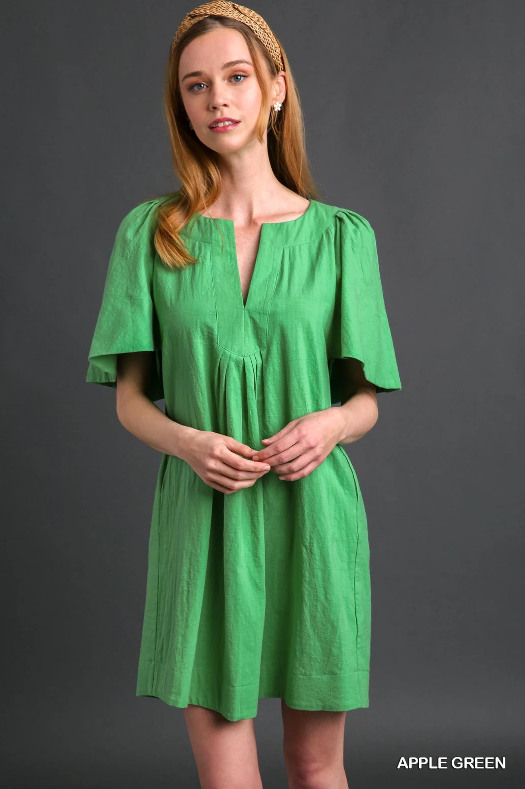 Umgee Apple Green Cotton Short Dress Split V Neck & Short Tulip Sleeves