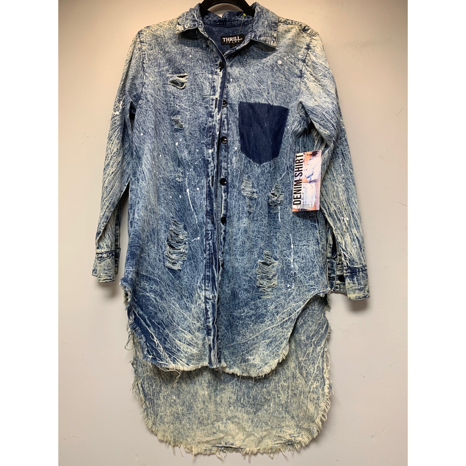 Thrill Jeans Denim Shirt Dress Womens M Blue Acid Wash NWT Distressed High Low