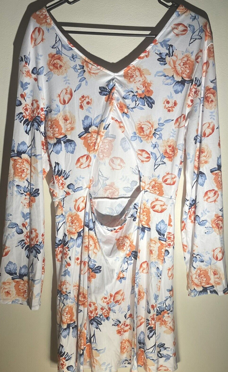 Nordstrom Long Sleeve White Orange Blue Floral Polyester Dress Large L