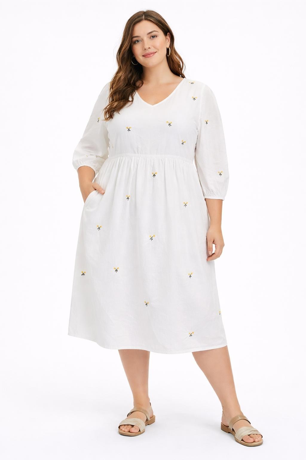 Polagram Women’s 3XL Beige Floral Embroidered Midi Dress Boho Pockets Spring