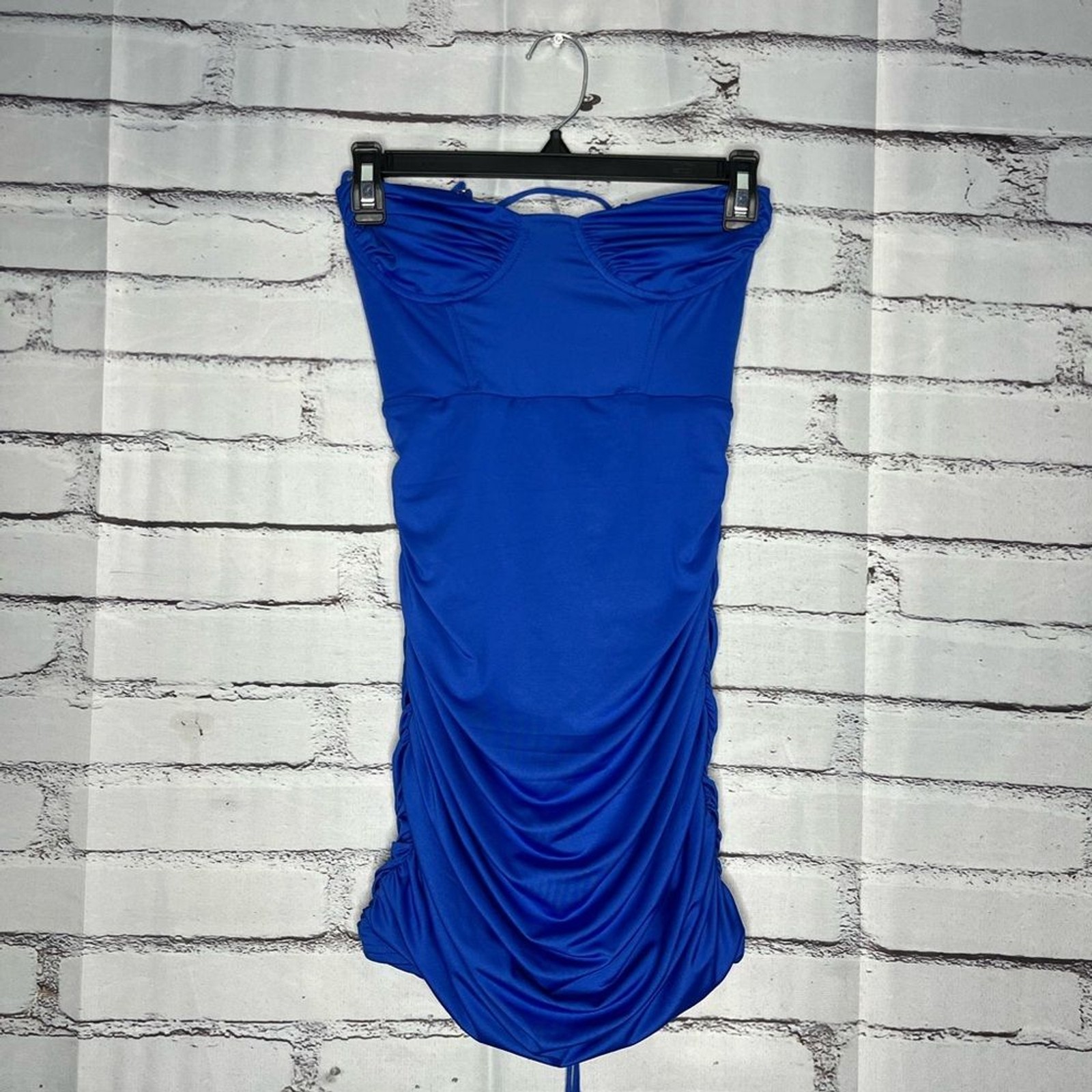 Lucy in the Sky Strapless Dark Blue Dress SZ S Tie Back Ruffled Sheath Designer