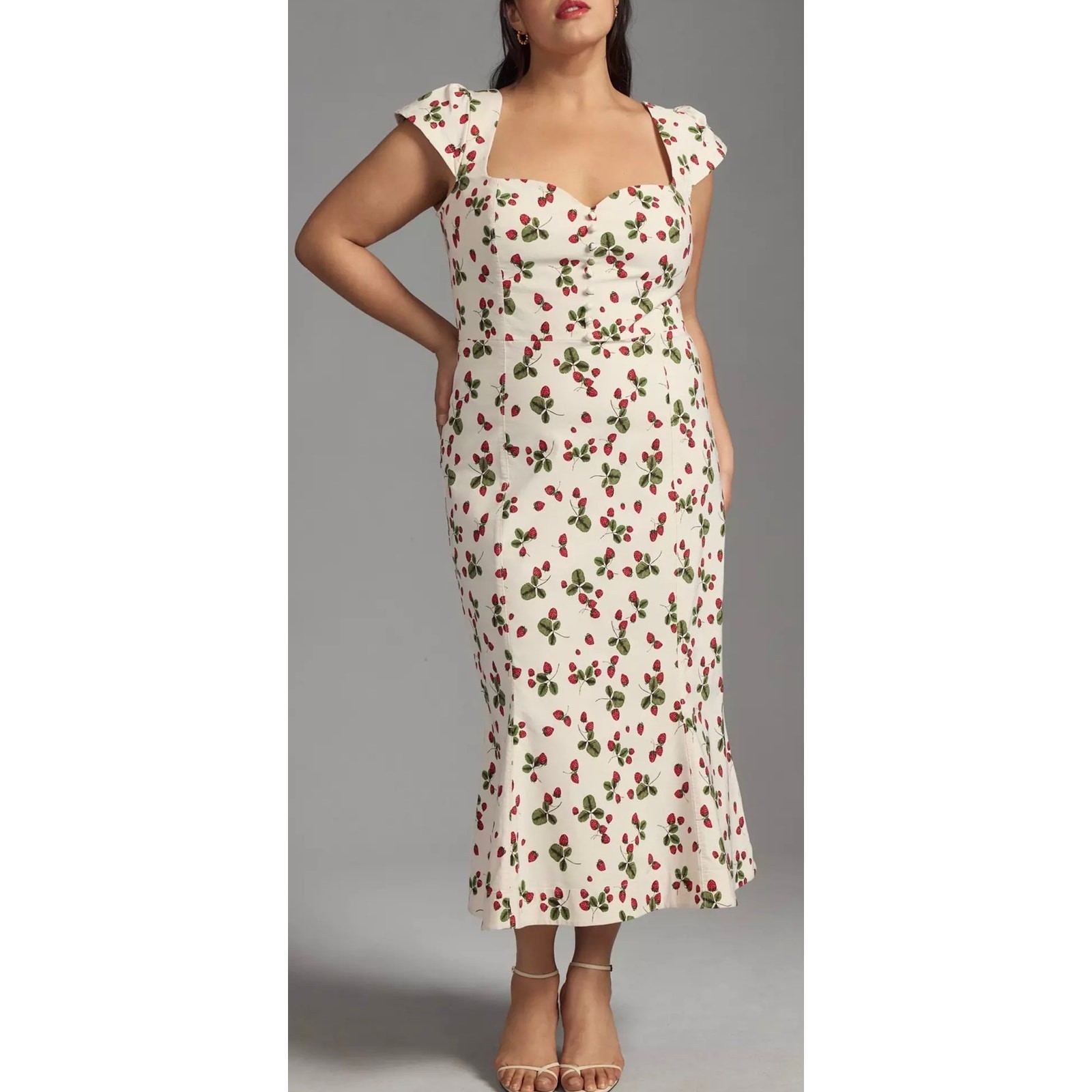 Anthropologie The Cecily Fit & Flare Sweetheart Midi Dress Strawberry Print L
