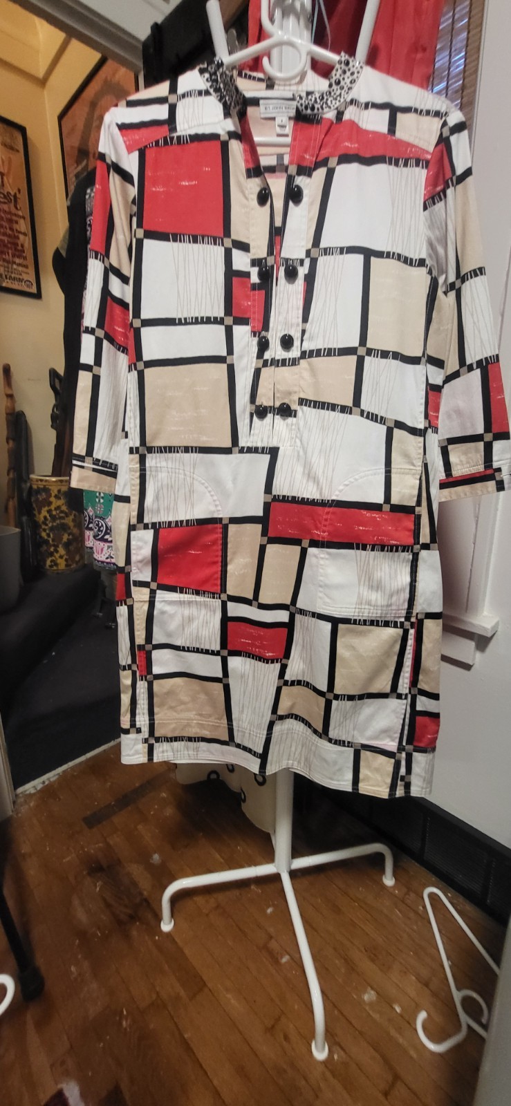 ST JOHN SPORT White Red BlackBeige Mondrian Print & Stud Collar Shirt Dress S