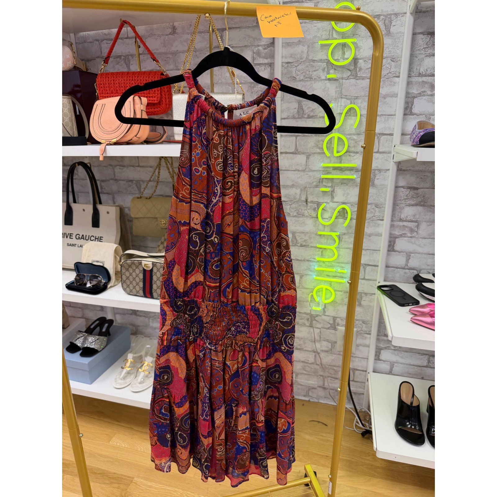 ALC Cory Silk Mini Dress Paisley Halter Smocked Waist Tiered Ruffle Orange Red 6