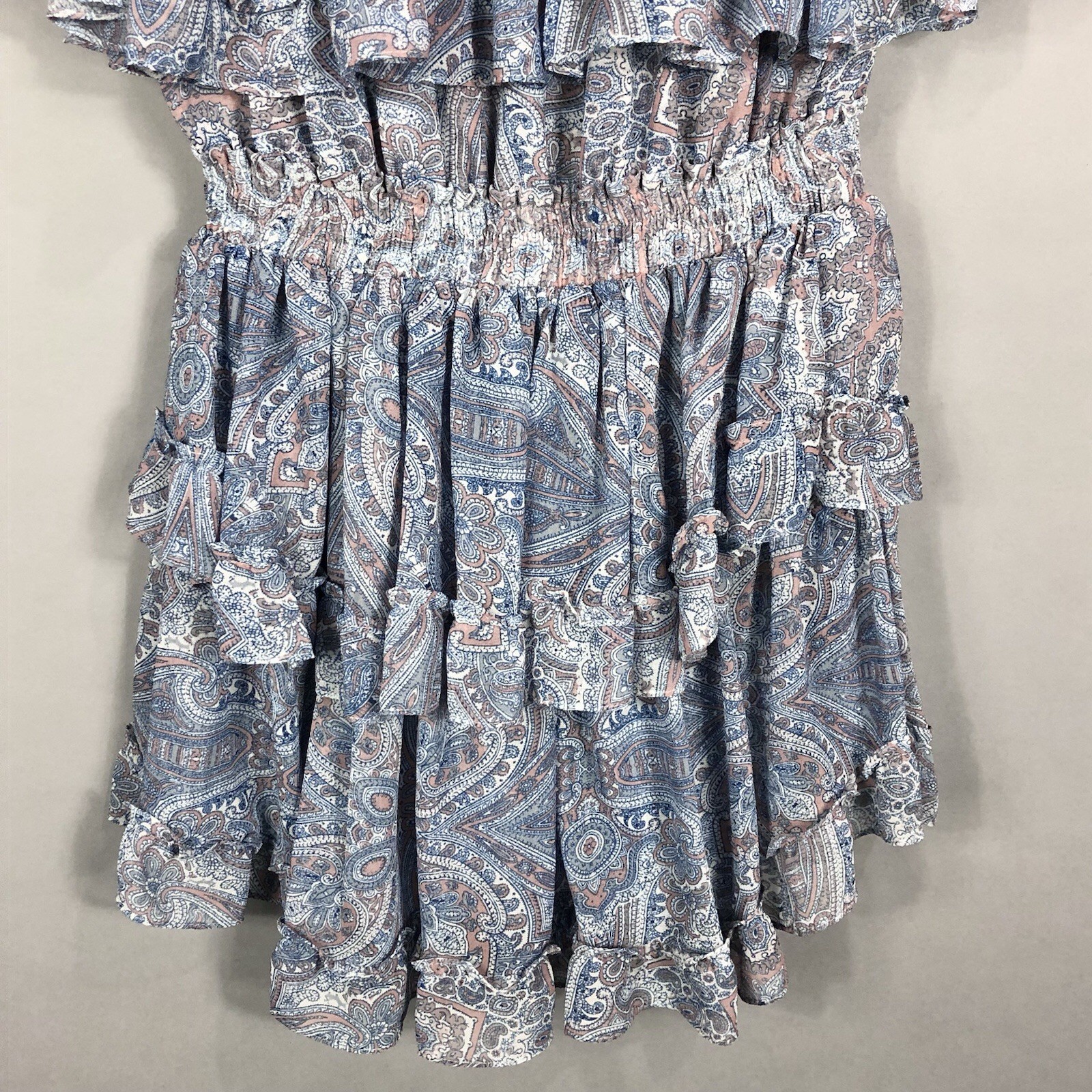 Misa Los Angeles Kailey Paisley Ruffled Off Shoulder Mini Dress SZ S Blue Tiered
