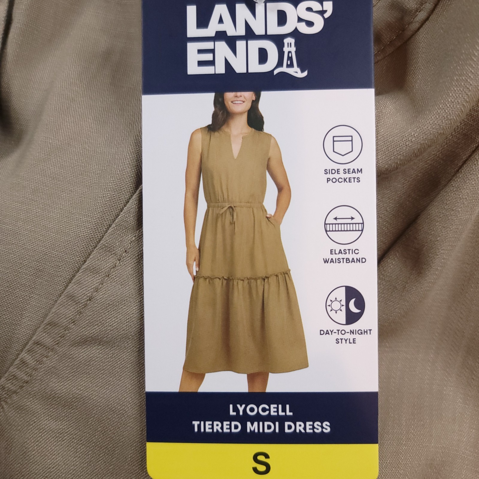 NWT Lands’ End Women’s Small Rayon Midi Dress Tiered Elastic Waist Tan V-Neck