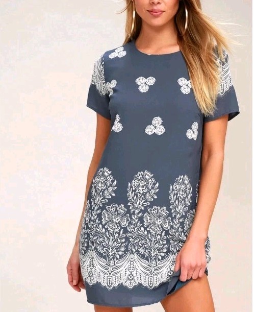 LULUS Shift Dress Women’s X-Small Blue White Classic Floral Bohemian Made in USA