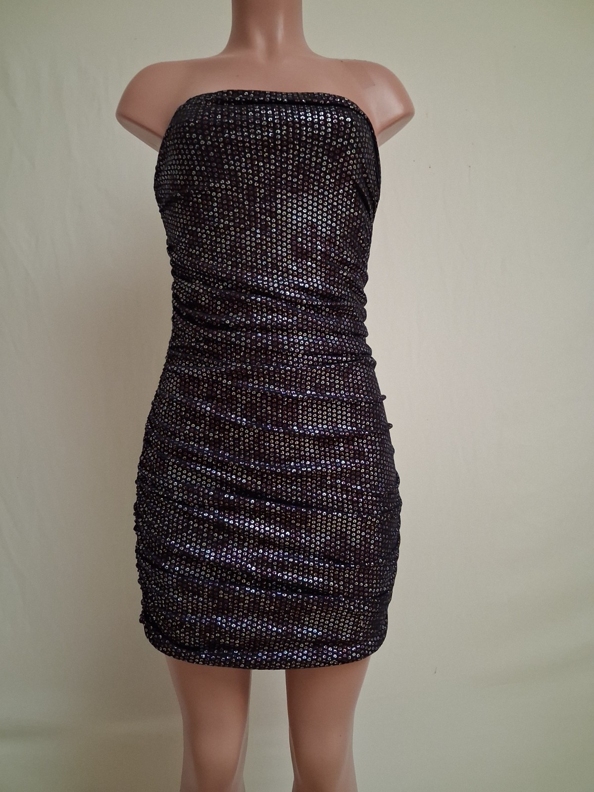 Express Bodycon Mini Dress Black Silver Sequin Strapless Polka Dot S
