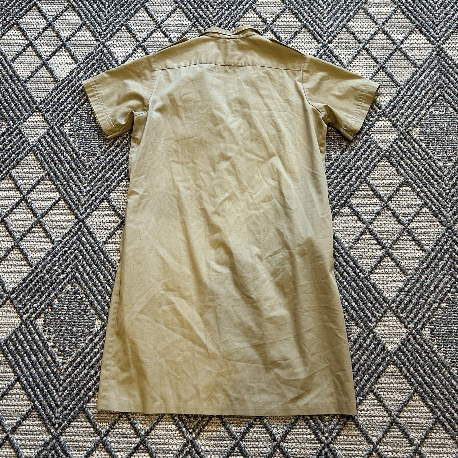 Vintage 80s LL Bean Khaki Beige Button-Up Midi Utility Safari Camp Shirt Dress L