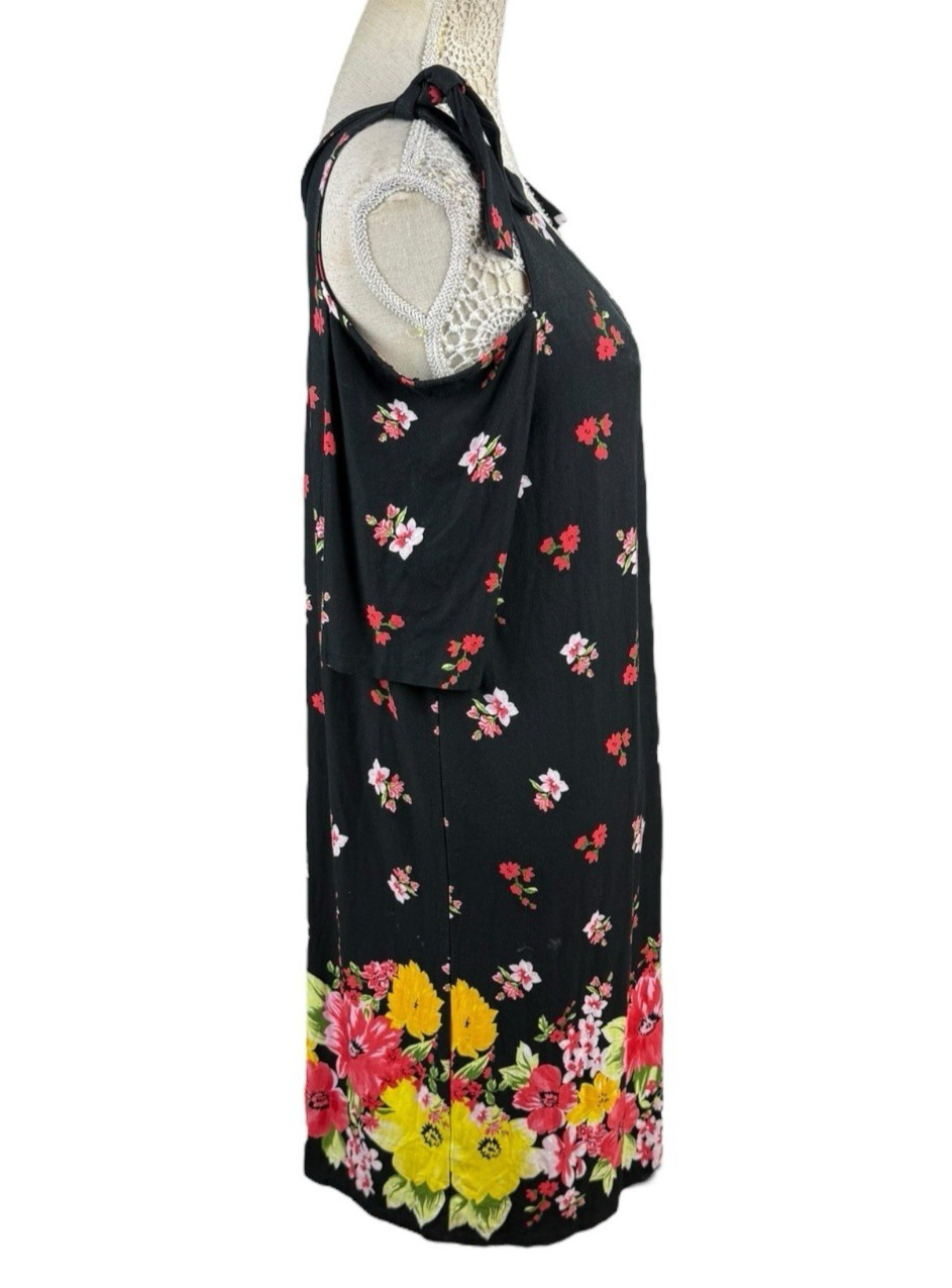 Black Floral Summer Dress Cold Shoulder Sleeve Knee Length Women’s UK Size 14