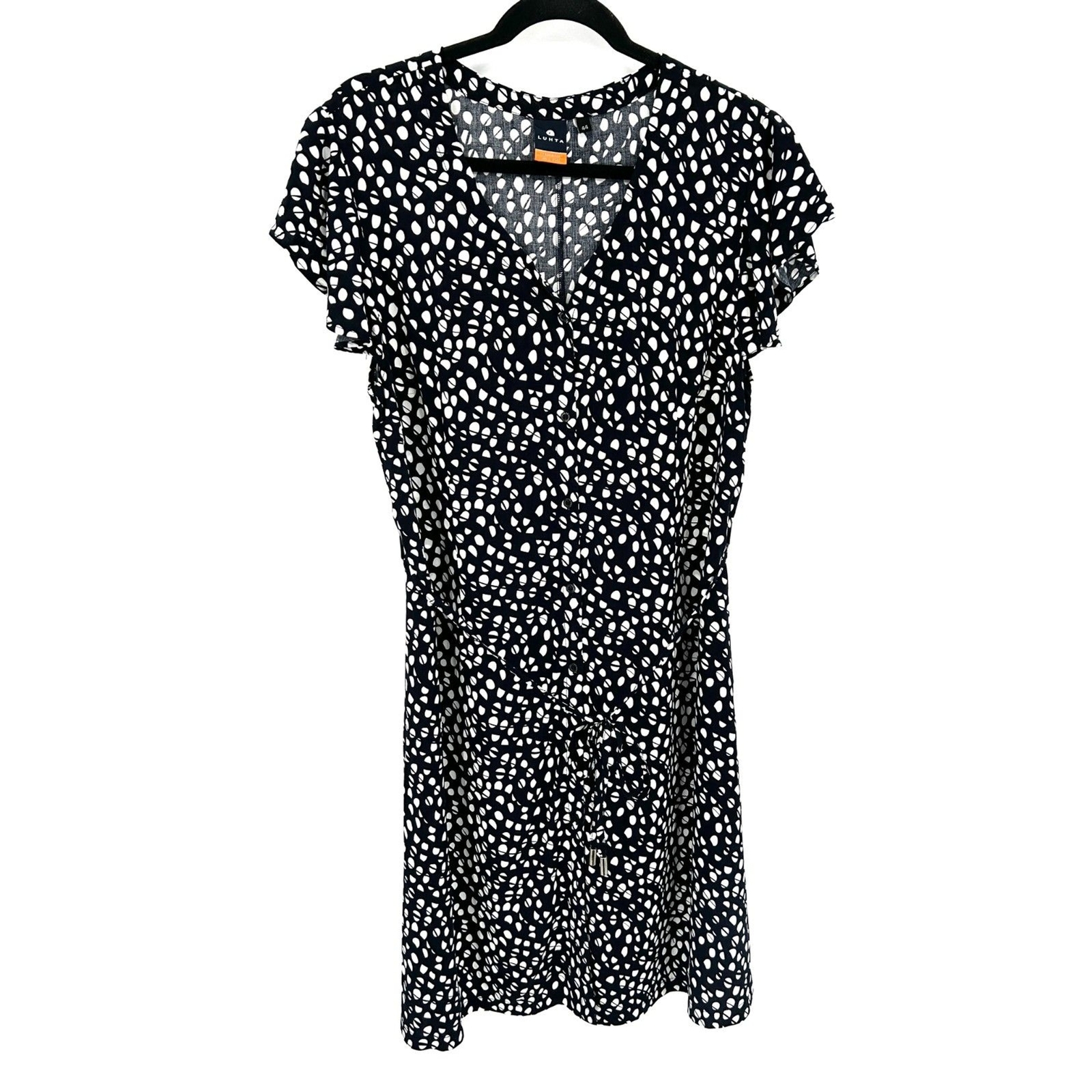 LUHTA Black White Polka Dot Lightweight Button Up Waist Tie Midi Dress Size XXL