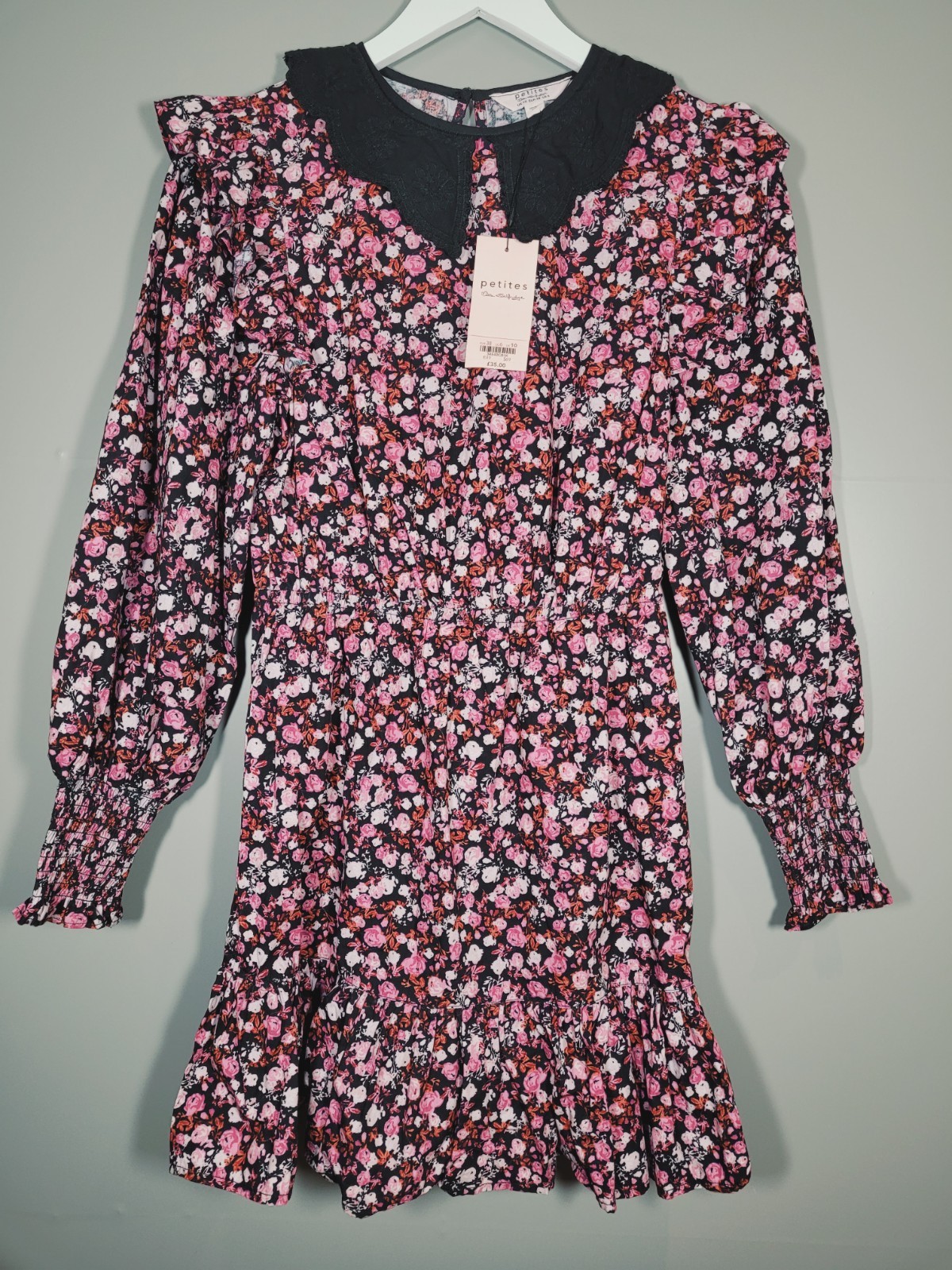 BNWT NEW MISS SELFRIDGE DRESS 10 PETITE FLORAL PURPLE BLACK COLLAR 33″ VE12