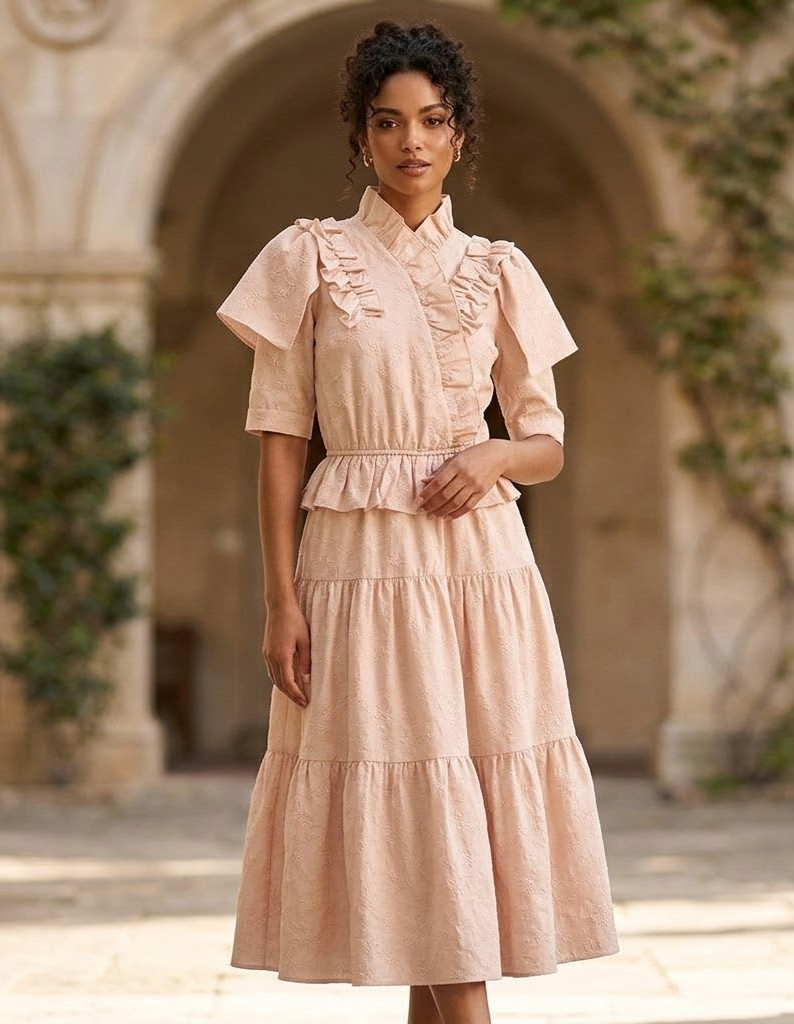 Ladida Powder Pink short sleeve Ruffle Embroidered Tiered Romantic Midi Dress S